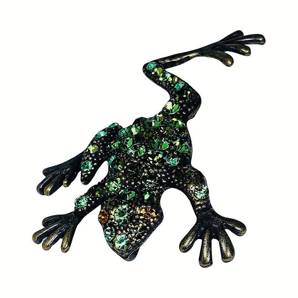 Green Crystal Frog Brooch Pin 3" Toad Whimsical Figural